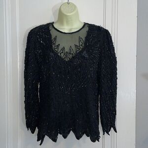 Vtg Laurence  Kazar black beaded & sequined dressy blouse